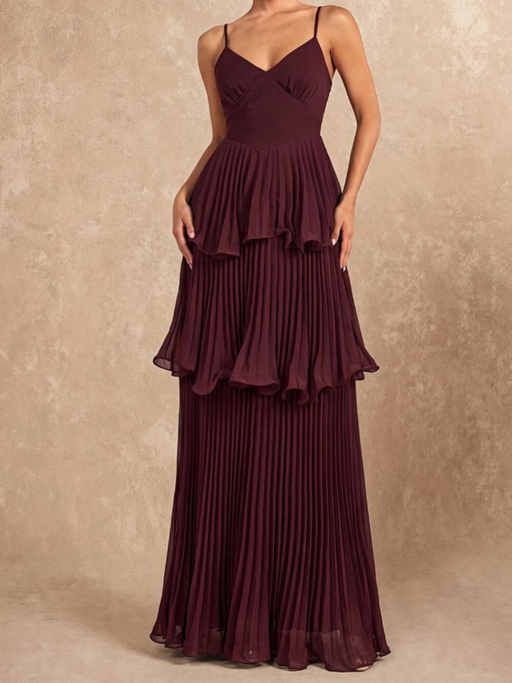 Purple Sexy Women's Spaghetti Strap V Neck Tiered Ruffle Hem Chiffon Maxi Dress